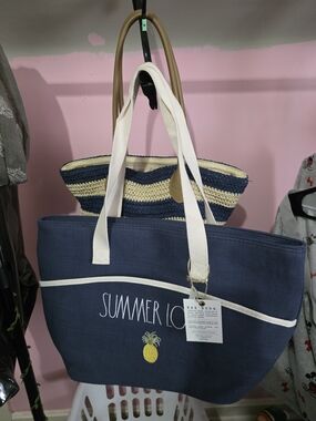 Rae Dunn Navy Canvas Insulated Tote w/Cream & Hoxis basket tote #beach#summer